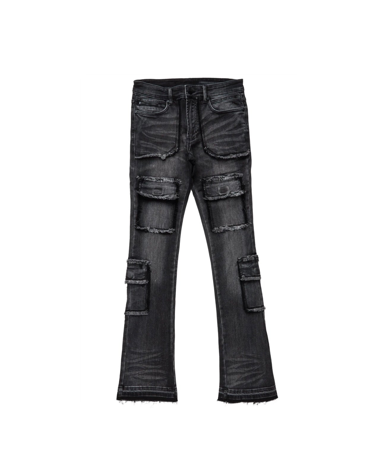 ROCKSTAR TYRELL GREY WASH STACKED FLARE CARGO JEAN