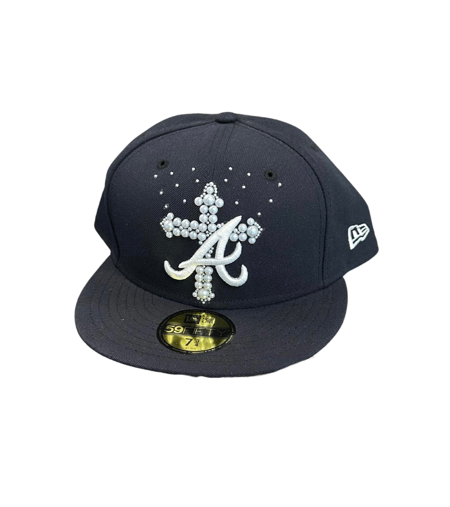 Custom Pearl Cross Atlanta Braves Fitted New Era Hat Navy