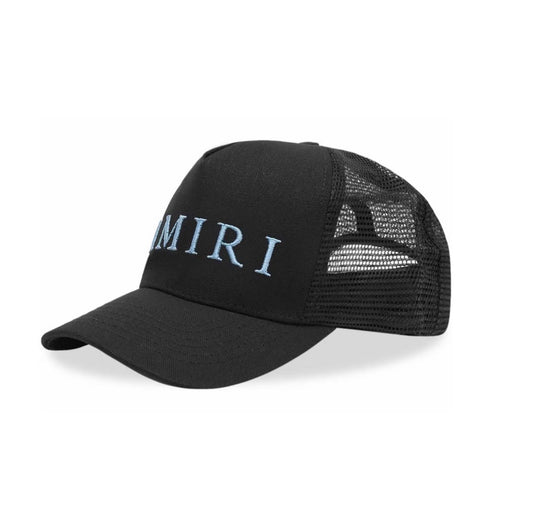AMIRI Embroidered Logo Trucker Cap Black/Carolina Blue