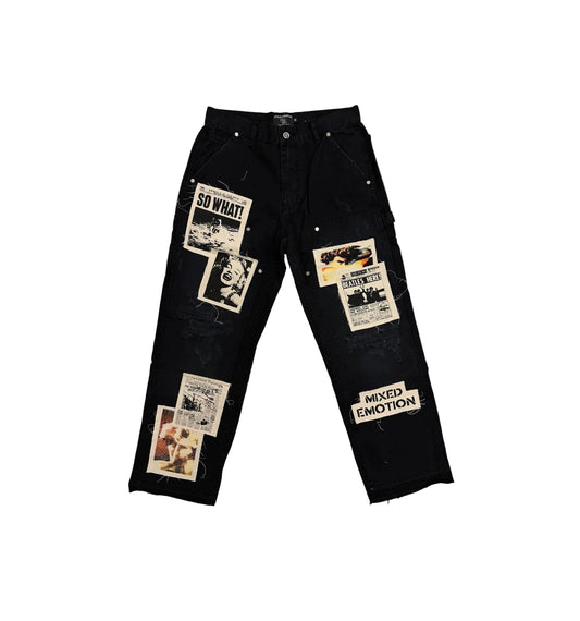 Mixed Emotion Newspaper Carpenter Pants Black