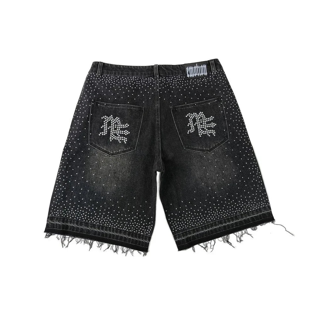 Mixed Emotion ME Rhinestone Denim Shorts Black