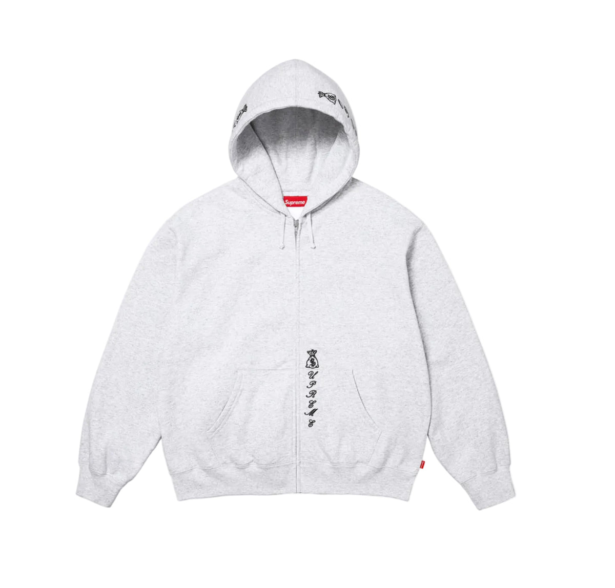 Supreme God Over Money Zip Up Hooded Sweatshirt Ash Grey