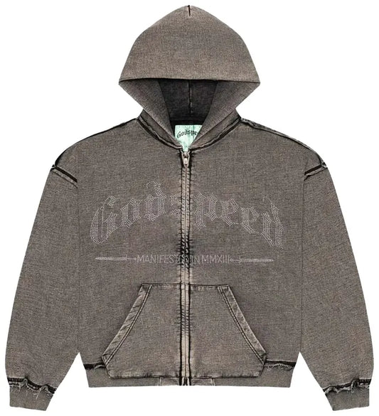 Godspeed Studded OG Logo Zip Up Hoodie Grey Wash