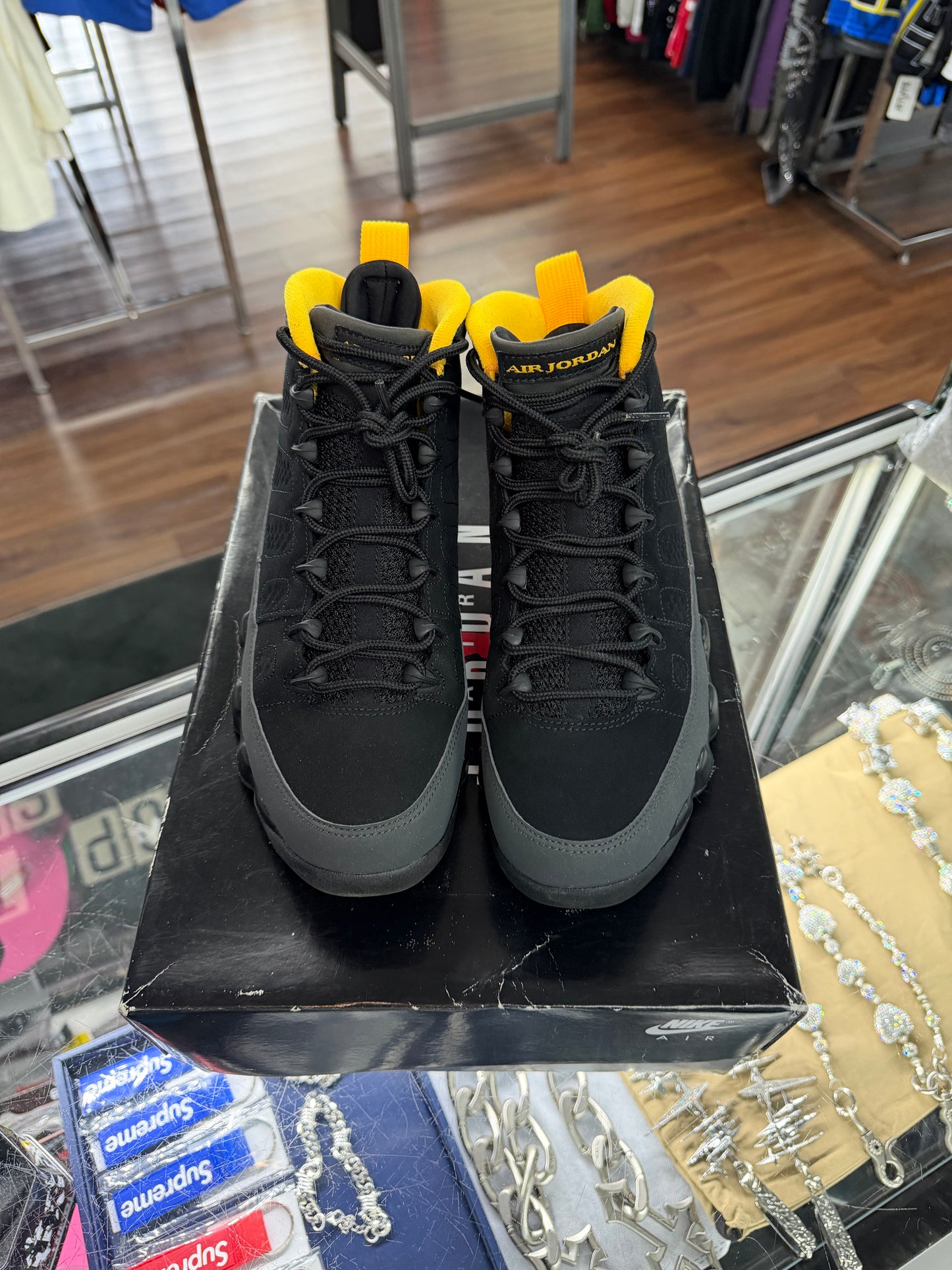 Jordan 9 Dark Charcoal University Gold (Tried On)