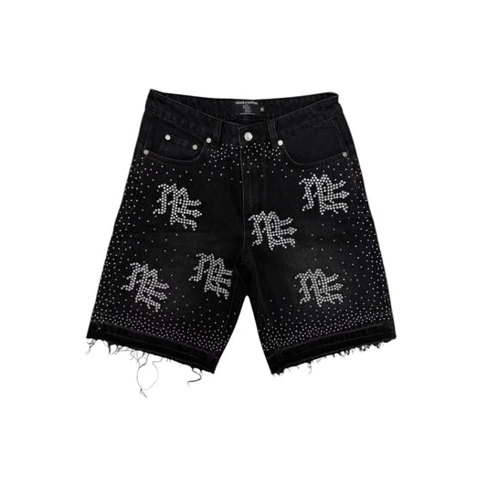Mixed Emotion ME Rhinestone Denim Shorts Black