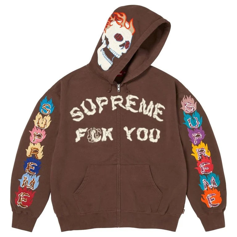 Supreme Fuck You Zip Up Hooded Sweatshirt Brown