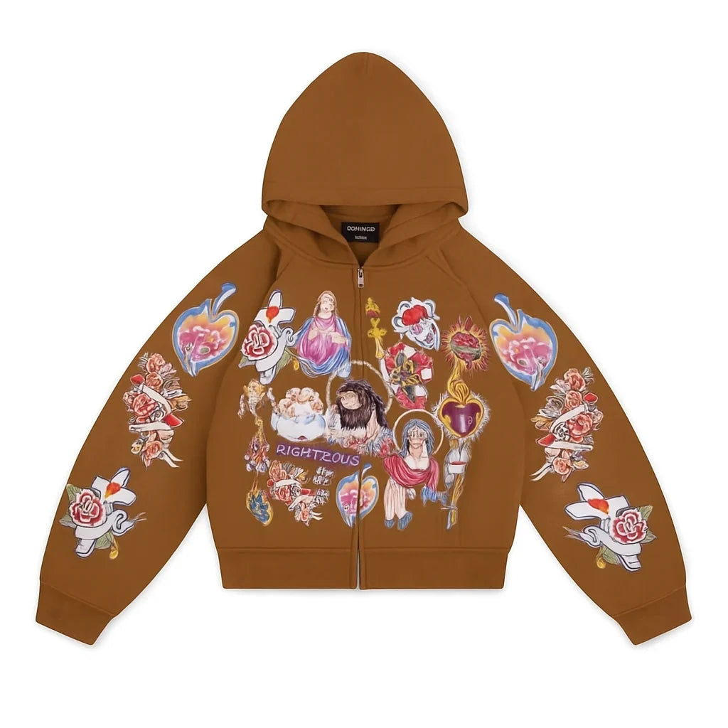 We are Righteous Risen King Cropped Zip Brown